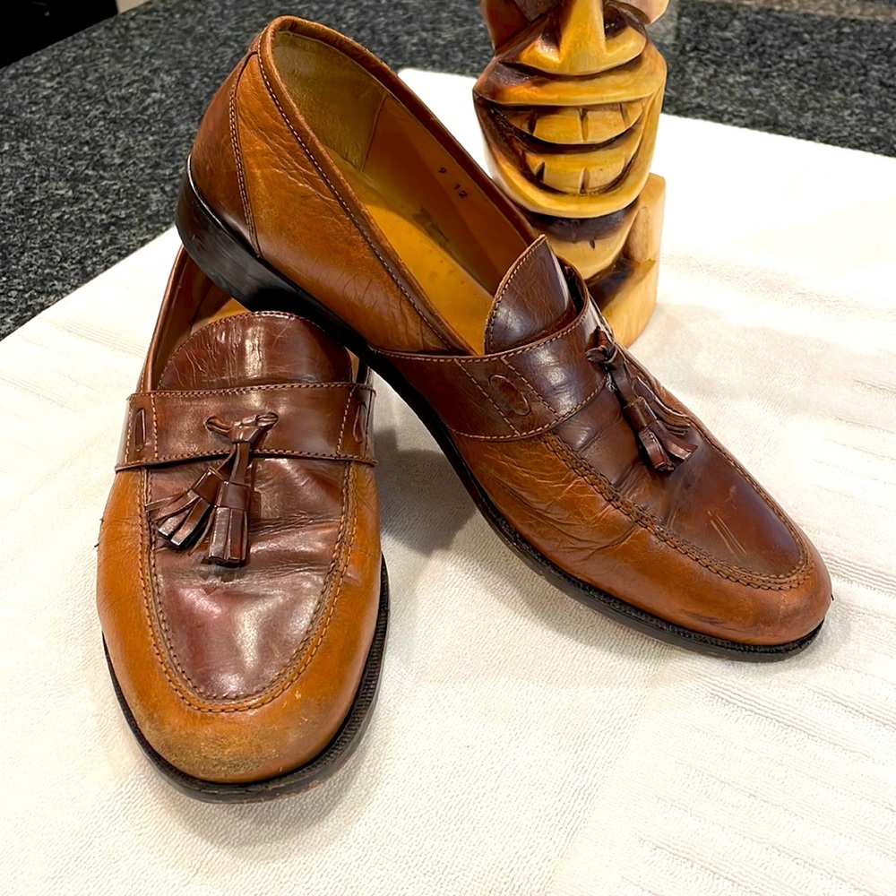 Men’s dress shoes, slip-on, two tone Italian leather, size 12. Previously worn.